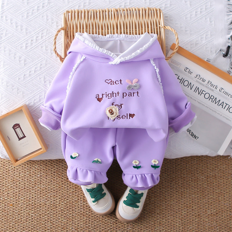 Girls' Autumn 2026 New Fashionable Spring Outfit Baby Lace Hooded Sweatshirt Cartoon Two-Piece Set for Infants and Children