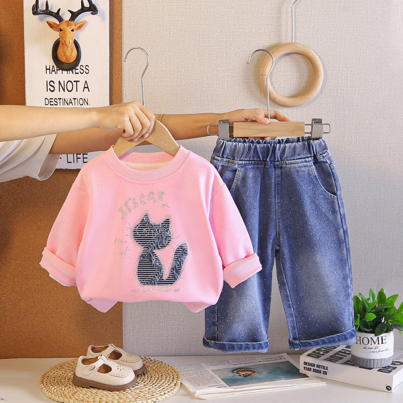 Girls' Outfit Set, Spring Autumn 2026 New Fashionable Stylish Cat Print Round Neck Sweatshirt and Jeans for Babies Wholesale