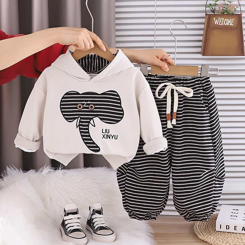 Boys' Spring and Autumn Outfit 2026 New Fashionable 3-Piece Set Children, Long-Sleeve Elephant Hoodie Two-Piece Set, Baby Clothes for 1-Year-Old Boys