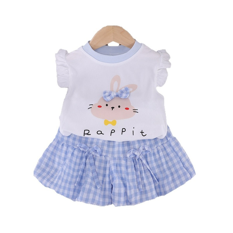 Girls' Summer New Outfit: Cute Baby Girl Set with 3D Bow, Little Rabbit, Flutter Sleeves, and Bowknot Bloomers