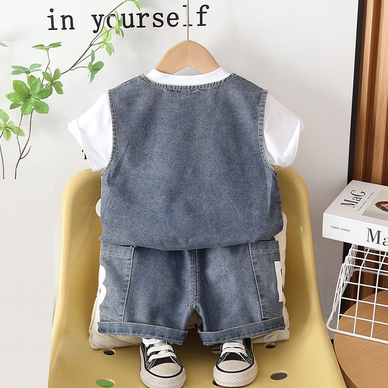 Boys' 2026 New Stylish Outfit Infant Children's Short-Sleeve Denim Vest Three-Piece Summer Set Baby Clothes