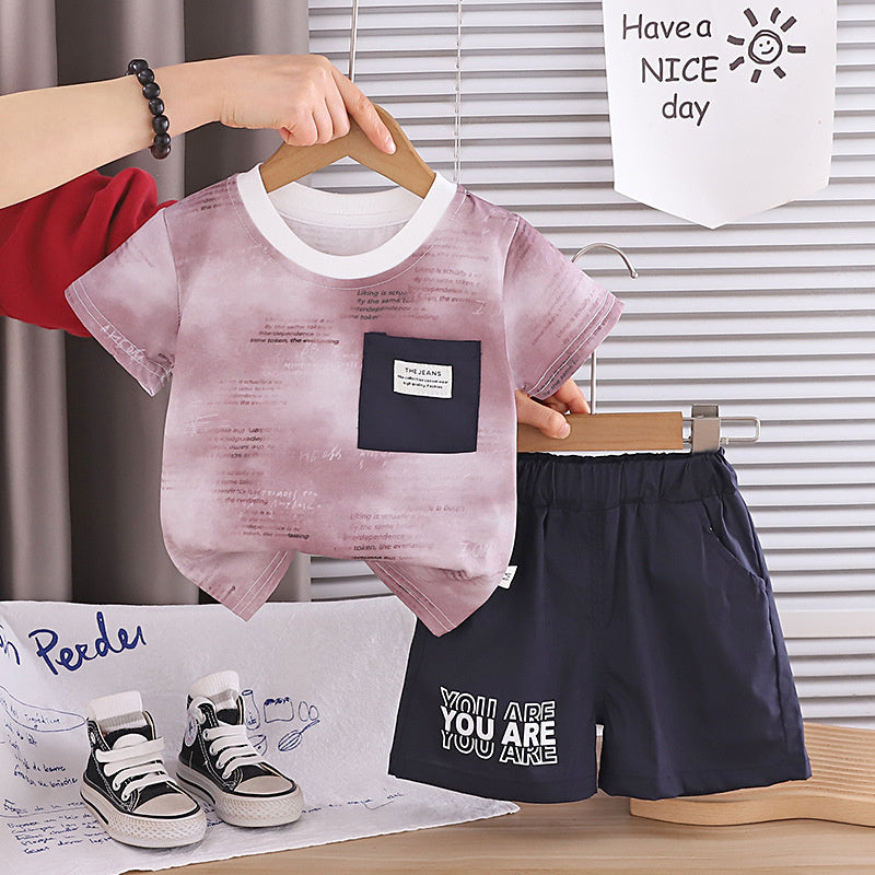 Boys' Summer Outfit 2026 New Fashionable Baby Children's Gradient Letter Print Short Sleeve Two-Piece Stylish Clothes