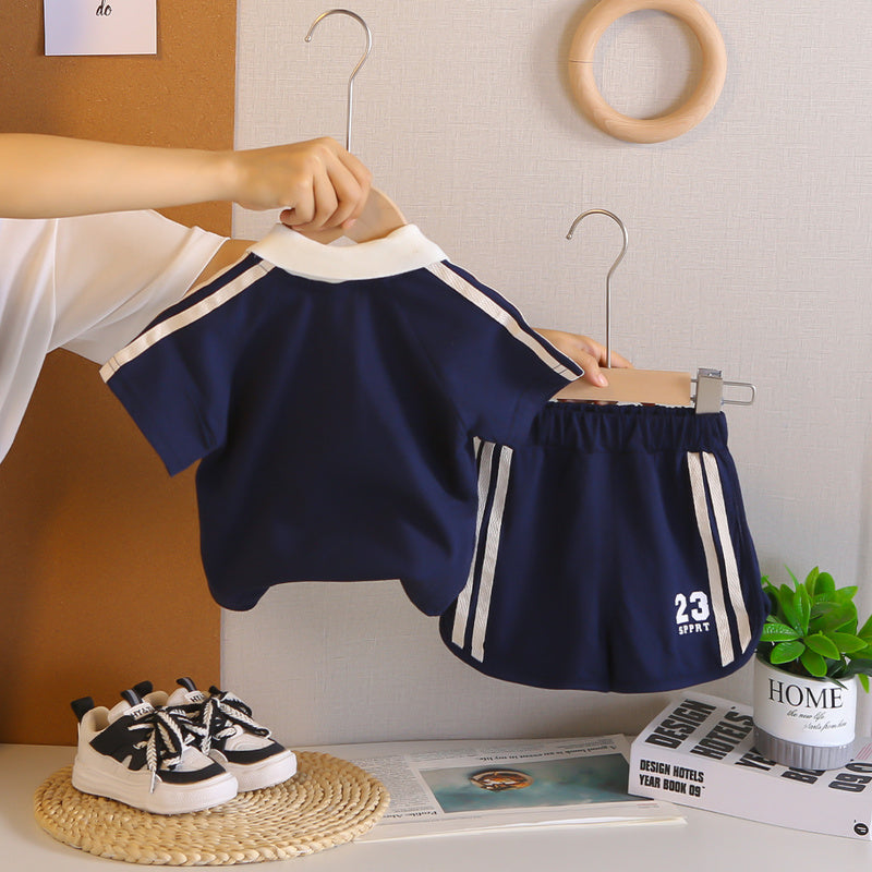 Boys' Summer Outfit 2026 New Korean Baby Suit with Turn-down Collar, College Style Short Sleeve, Stylish Casual Two-piece Set for Young Boys