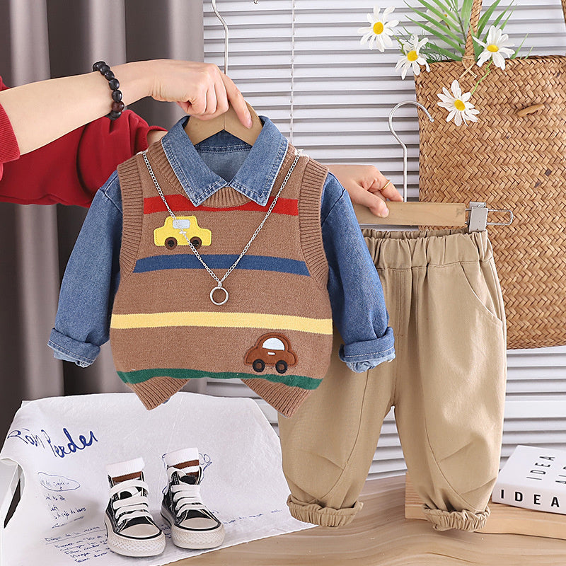 Boys' outfit set, stylish baby boy spring and autumn fashion infant clothing, striped car sweater three-piece set