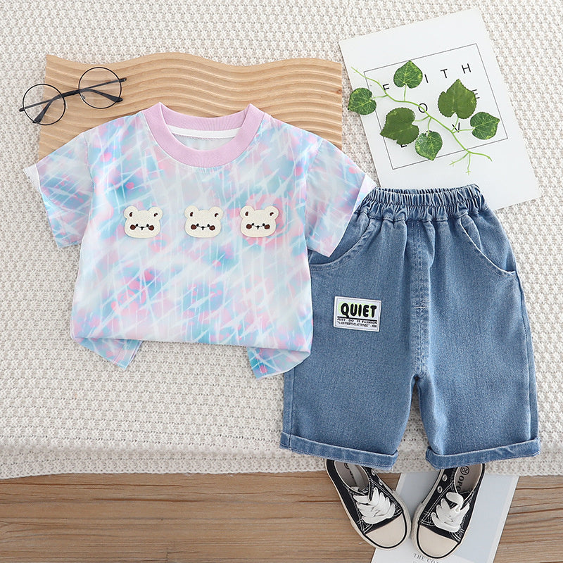 Baby Outfit: Infant Three Little Bears Short Sleeve Two-Piece Set, Boys' Summer Clothing, New 2025 Model for Infants and Toddlers, Dropshipping Available