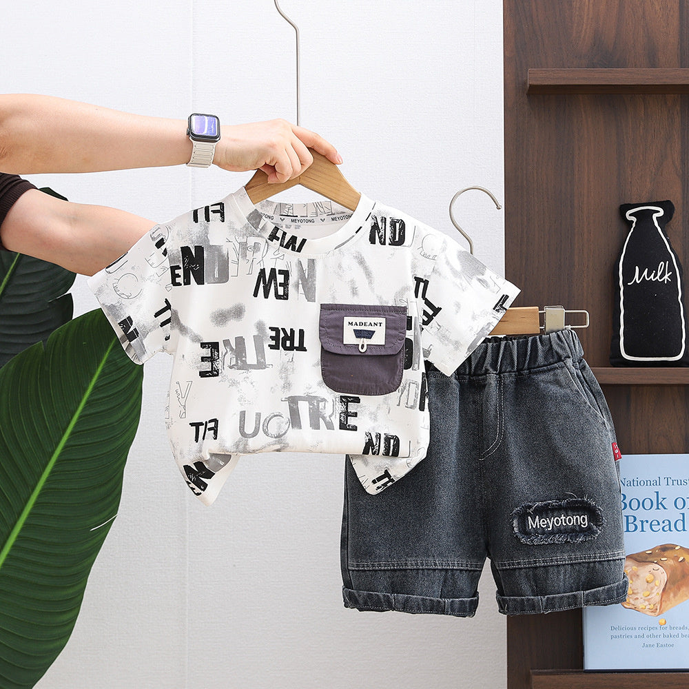 Boys' Outfit 2026 New Short-Sleeve Stylish Toddler Summer Clothes Letter Pocket Round Neck Two-Piece Set Baby Trendy