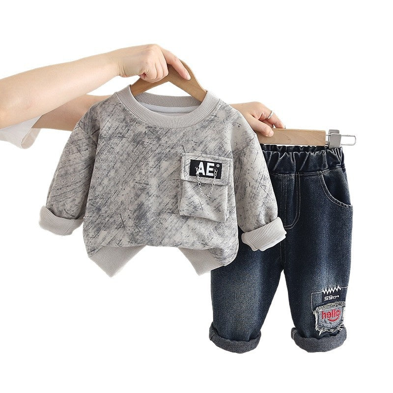 Spring New Children's Clothing Korean Style Boys' Sweatshirt and Jeans Two-Piece Set Toddler Autumn Outfit