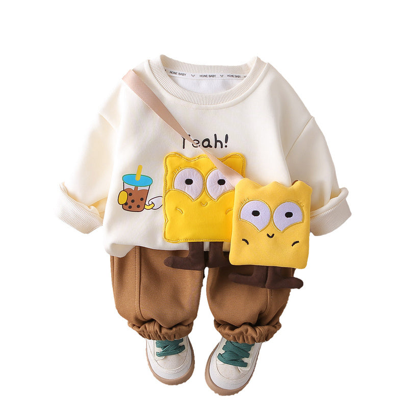 Long Sleeve Baby Children's Clothing Spring Foreign Trade Wholesale 2025 New Cartoon Bag Sweatshirt Boys and Girls Set Autumn Outfit