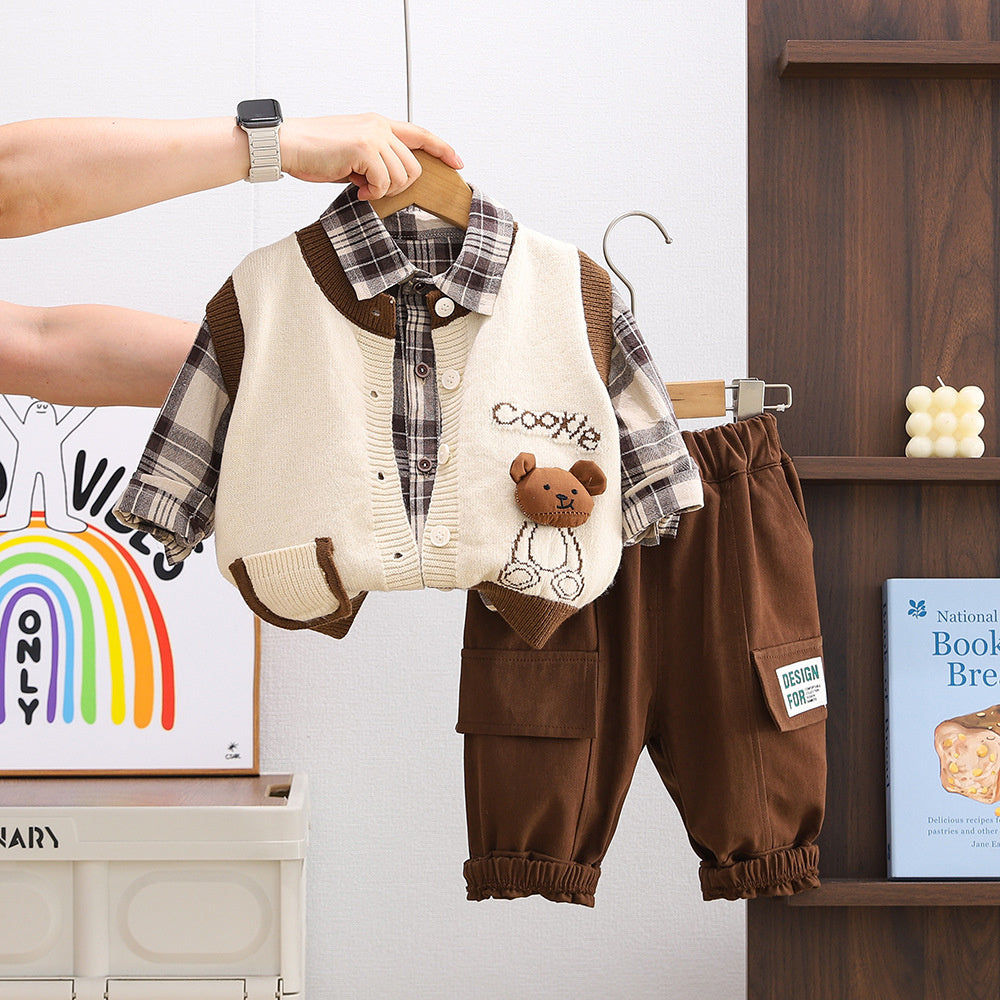 Baby Spring and Autumn 1-3 Years Old Boys Bear Sweater Three-Piece Set Trendy Toddler Korean Style Fashionable Clothes Children's Fashion