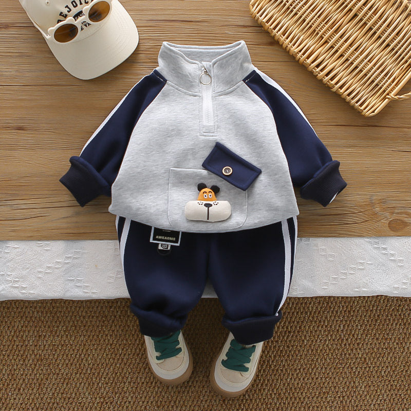 Boys' Outfit Set: New Spring Autumn Style for Infants Children, Stylish Korean Version with Diagonal Pocket Cover and Puppy Print Sweatshirt Two-Piece Set