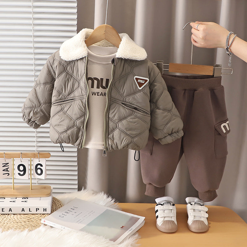 Suit Children's Autumn and Thickened Turn-down Collar Jacket Three-piece Set 2025 New Stylish Boys' Winter Clothes