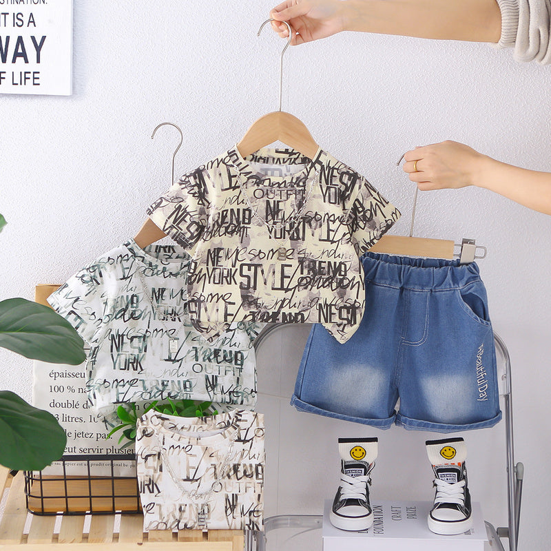 Boys' Summer Outfit: Children's Short-Sleeve English Print Cool and Stylish 2026 New Model for 1-3 Year Olds