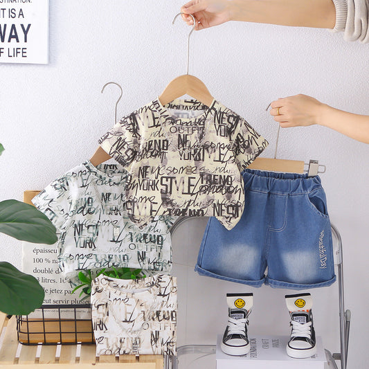 Boys' Summer Outfit: Children's Short-Sleeve English Print Cool and Stylish 2026 New Model for 1-3 Year Olds
