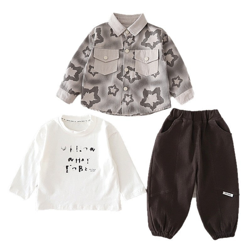 Boys' Spring Autumn Fashionable Outfit 2026 New Style Full-Leaf Pattern Cardigan Three-Piece Set for Infants and Toddlers Trendy Clothes