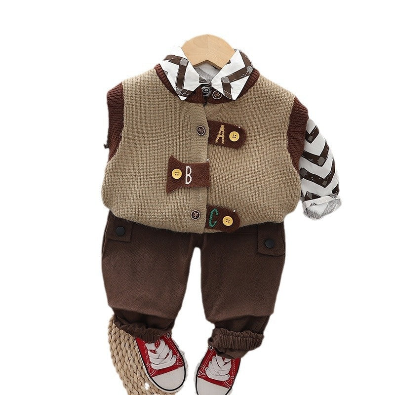 2024 Korean Version Autumn New Shirt 1-5 Years Old Boys Stylish Sweater Vest Casual Three-Piece Set One Piece Dropshipping
