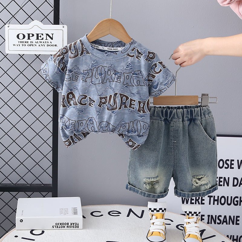 2025 Trendy Clothes Baby Outfit Boys Summer New Style Two-Piece Set English Ripped Short Sleeve Toddler