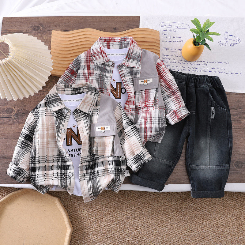 Boys' Spring and Outfit 2026 New Plaid Three-Piece Set Baby Autumn Casual Shirt Trendy Children's Clothing