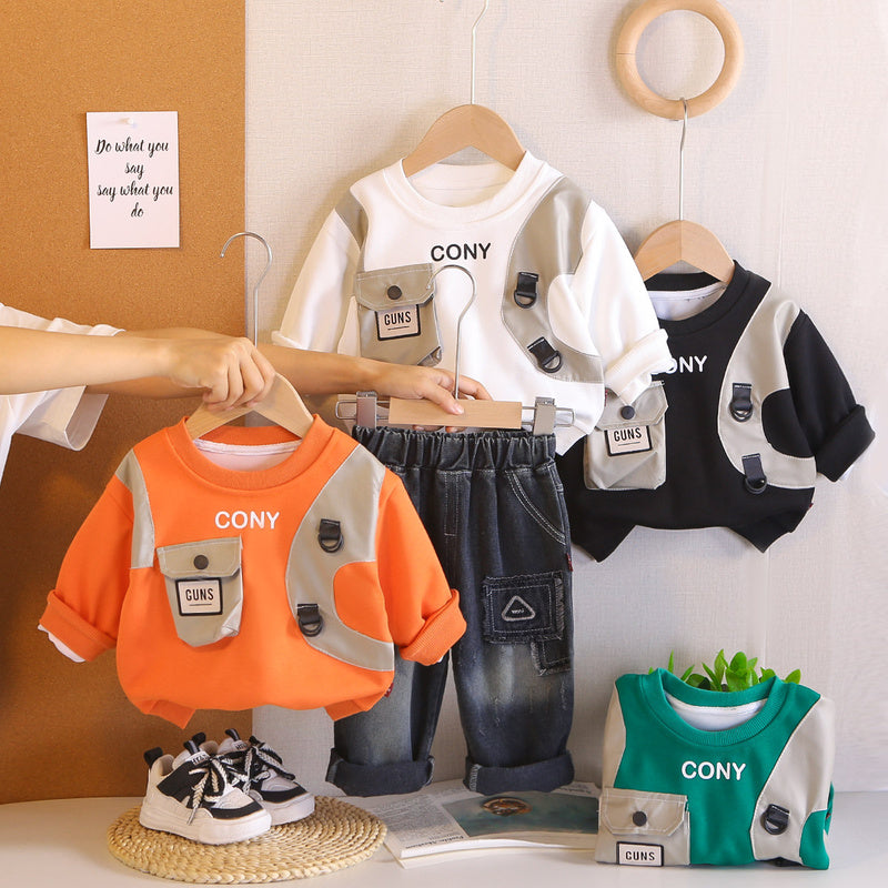 Boys' Stylish and Autumn Set 2026 New Spring Baby Long Sleeve Single Pocket Two-Piece Fashionable Toddler Outfit