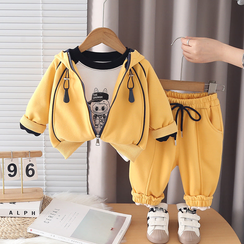 26 New Boys Fashionable Suit Toddler Spring and Autumn Outfit Sports Casual Zipper Shirt Set Three-Piece Wholesale Trendy
