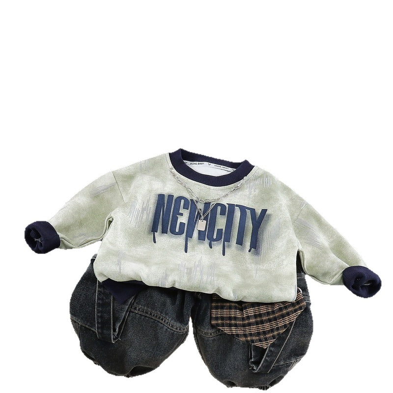 Boys' Outfit New 2026 Baby Tie-Dye Letter Sweatshirt Two-Piece Set Long Sleeve Spring and Autumn Fashion