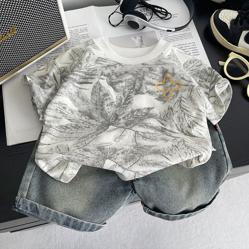 Boys' Outfit 2026 New Stylish Children's Summer Thin Leaf Print Round Neck Short Sleeve Two-Piece Set for Baby Boys
