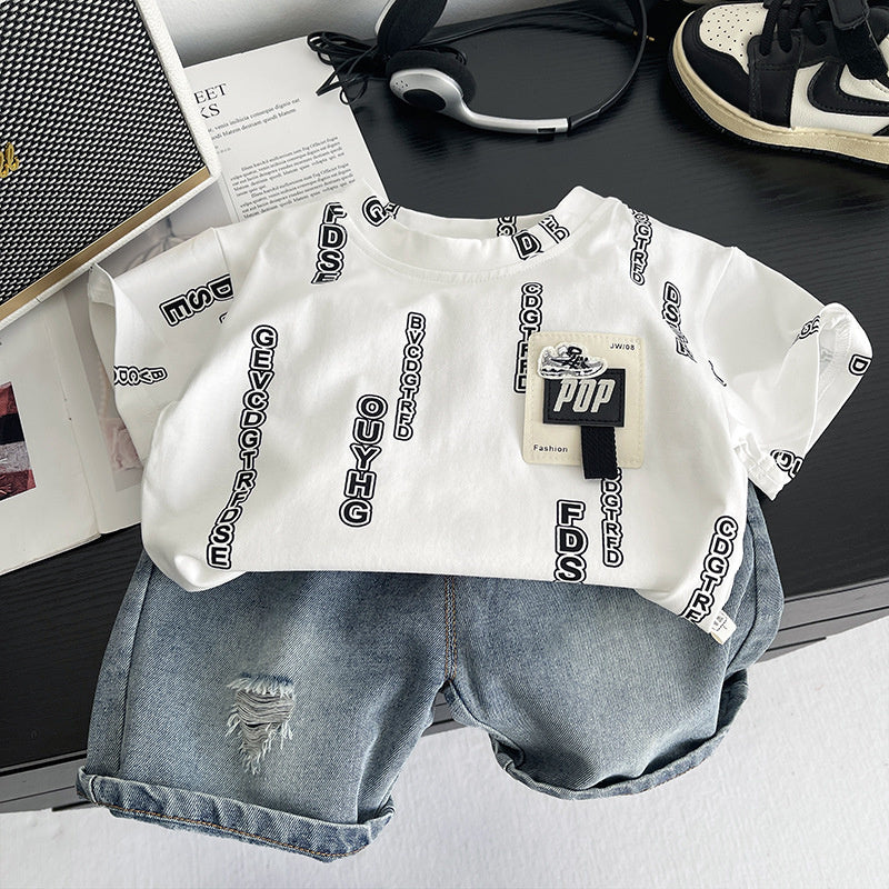 Summer new casual short-sleeve two-piece set for children, with letter-printed round-neck top and loose-fitting jeans