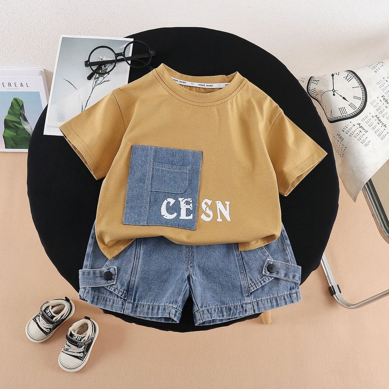 Boys Outfit Set 2026 New Children's Patch Letter Short Sleeve Toddler Thin Clothing Baby Summer Style Kids' Wear