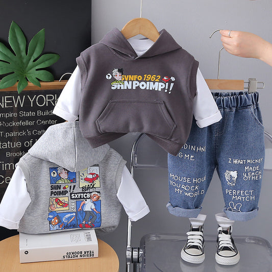 Boys' Outfit 2025 New Children's Hooded Vest Three-Piece Set for 1 to 4 Year Old Baby Boys Spring and Autumn