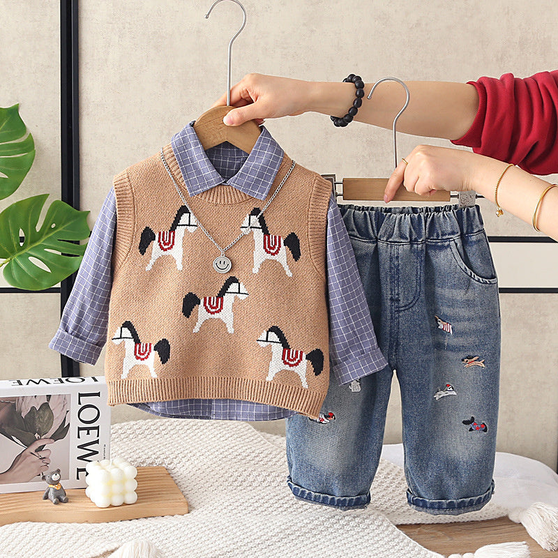 Baby Boy Outfit Set 2026 New Cartoon Pony Three-Piece Suit for Boys, Stylish Spring and Autumn Children's Clothing