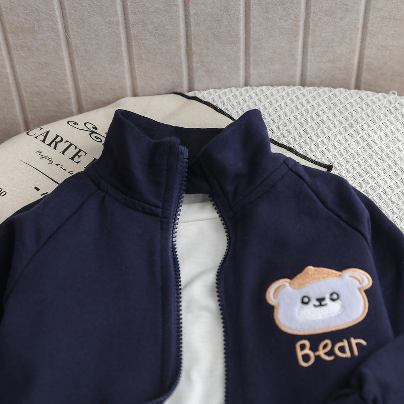 Spring and Autumn New Bear Embroidery Stand Collar Two-Piece Baby Sports Set Children's Clothing