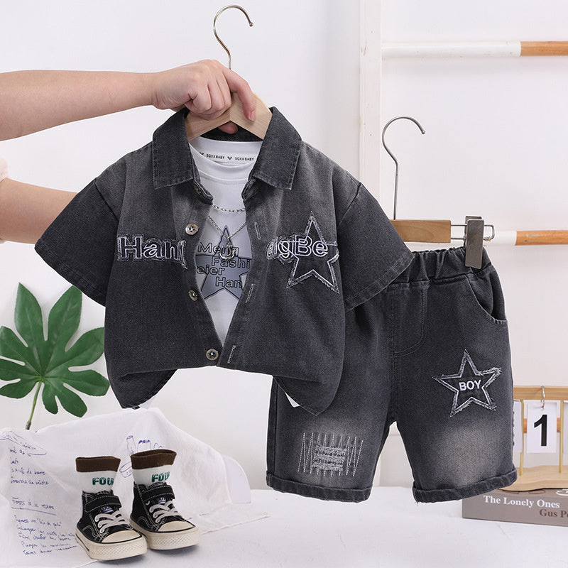 Boys' Summer Outfit 2026 New Fashionable Children's Star Denim Short Sleeve Shorts Three-Piece Set Baby Casual Trendy