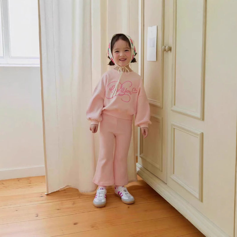 New Spring Autumn Korean Style Casual Heart Embroidery Bow Colorful Girls' Sweatshirt and Sweatpants Solid Color Two-Piece Set