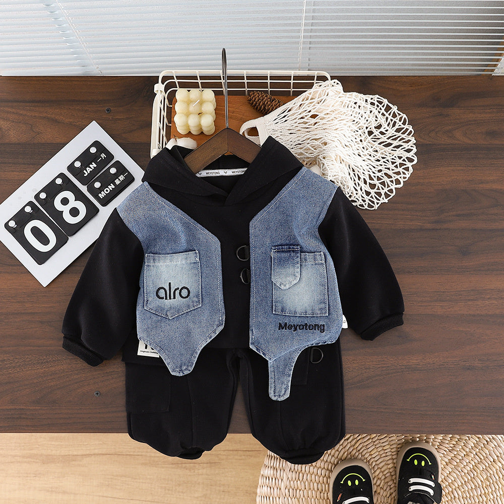 Children's clothing for spring and autumn, boys' denim fake vest two-piece toddler hooded sweatshirt top set, baby clothes