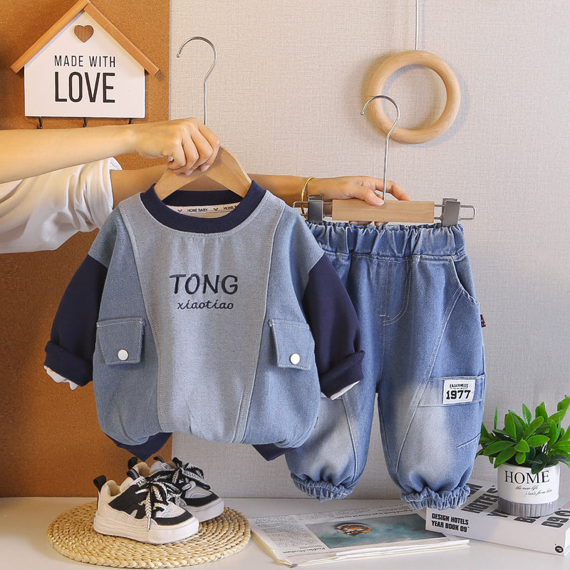 Boys' Spring and 2026 New Outfit: Children's Korean-style Pocket Color-block Denim Sweatshirt, Baby's Autumn Two-piece Trendy Set