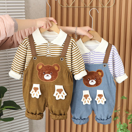 Boys' Striped Sweatshirt 2025 New Children's Spring and Autumn Stylish Cartoon Bear Overalls Two-Piece Set