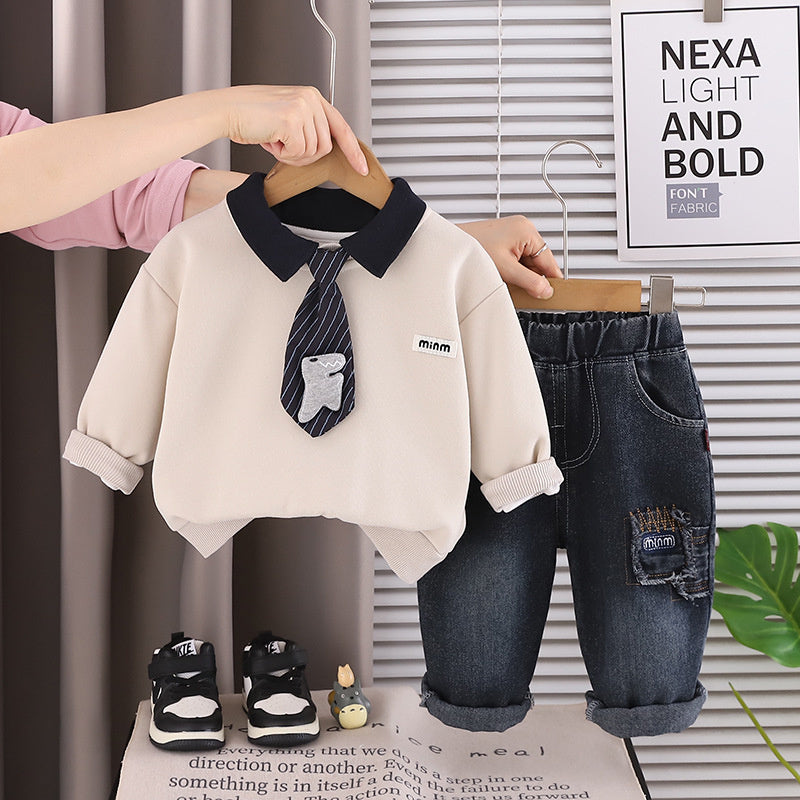 Boys' Outfit 2026 New Fashionable Tie Dinosaur Two-Piece Set Baby Autumn Stylish Casual Toddler Sportswear