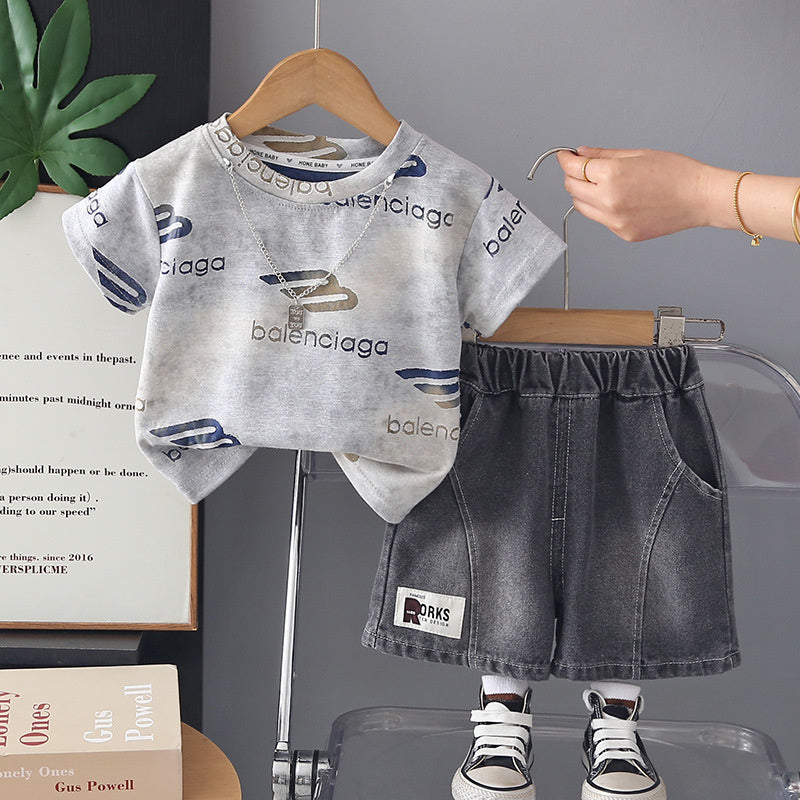Boys' Stylish Outfit 2026 New Model for Toddlers, Lightweight Summer Wear with Jacquard Letter Print Short Sleeve Two-Piece Set