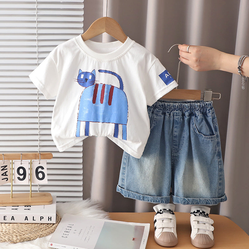 Boys and girls' summer 2026 new style children's sports cartoon cat short-sleeve shorts two-piece set trendy