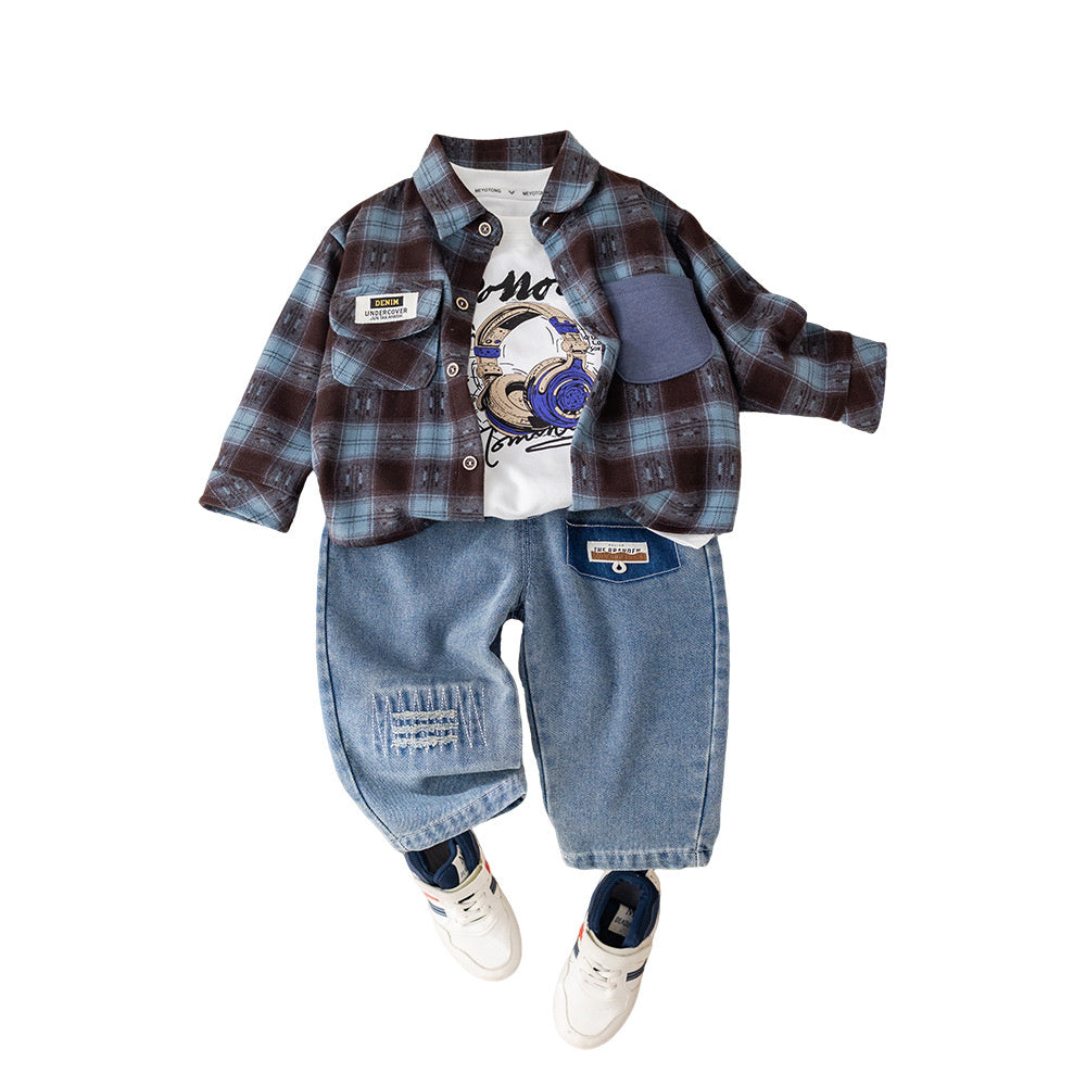 Boys' Spring Three-Piece Set with Earphone Plaid Shirt, 1-2-3-5 Years Old Toddler Outfit, Korean Style Fashionable Baby Clothes