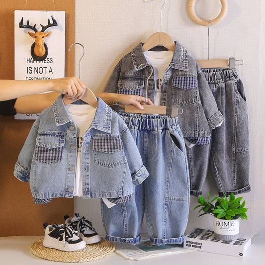 Boys' Autumn Plaid Color-Block Denim Three-Piece Set Infants and Toddlers 1-4 Years Old, Stylish Spring Outfit for Babies