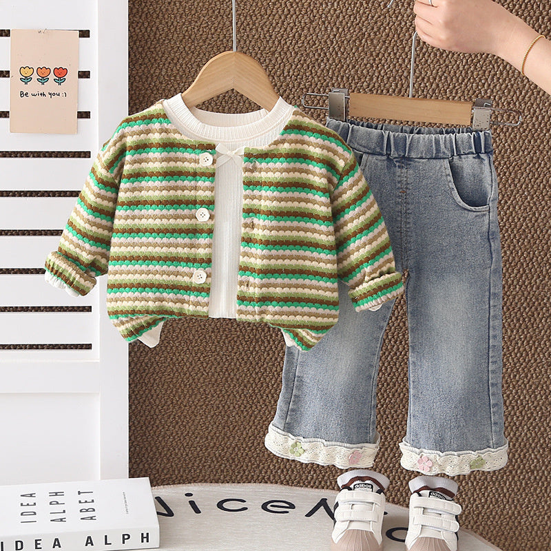 Girls' and Autumn 2, Children's Clothing, Stylish Girls, Striped Sweater Three-Piece Set, Spring Outfit for 1-Year-Old Baby Girls