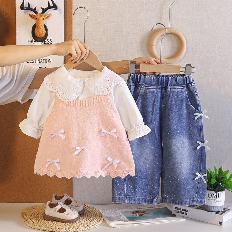 Girls' Autumn Outfit 2026 New Fashionable Stylish Children's Clothing Baby Bow Sweater Three-Piece Casual Set