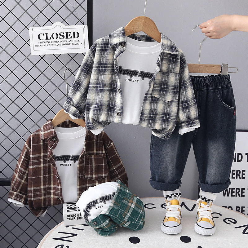 Boys' Spring Outfit 2025 New Stylish Plaid Shirt Little Boy Handsome Fashion Casual Long Pants Three-Piece Set