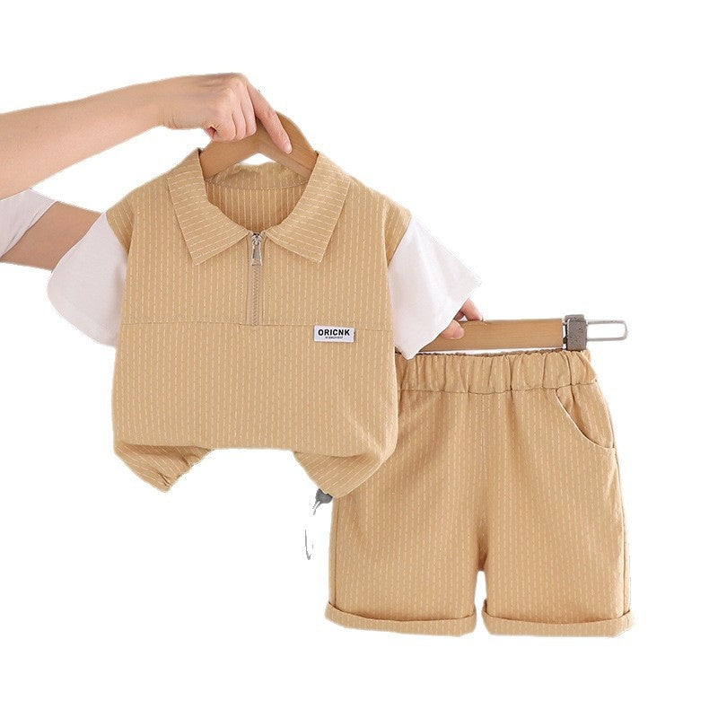 Boys' Outfit 2026 New Style Infant and Toddler Half-Zip Short-Sleeve Clothes Stylish Baby Boy Summer Two-Piece Set