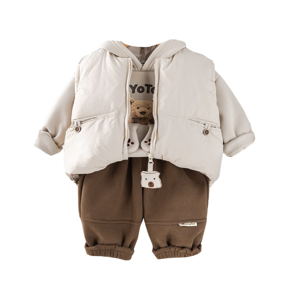 Boys' Fleece-Lined Thickened Bear Pendant Three-Piece Stylish Baby Vest Toddler Winter Outfit Set