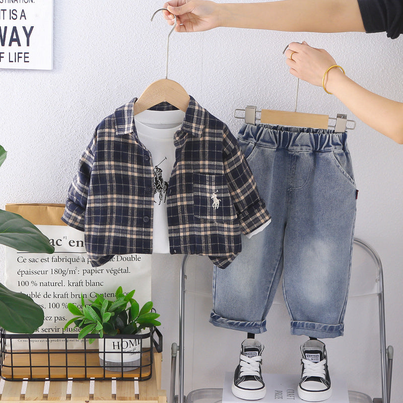 Korean-style clothing, children's outfit, boys' clothes, 2026 new model, baby boy's spring and autumn plaid shirt set, trendy