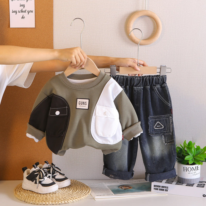 Boys' Outfit Children's Two-Color Pocket Sweatshirt 2026 New Style 1 to 3 Years Old Baby Spring and Autumn Two-Piece Set for Boys