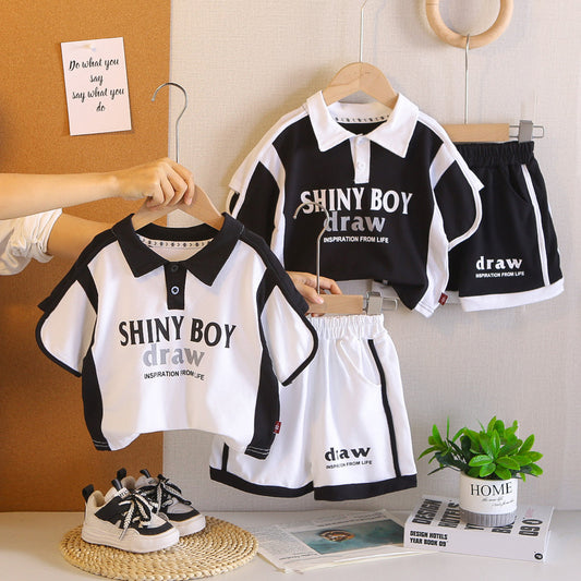 Baby 2026 Black and White Color Block Short Sleeve Korean Style Shorts Infant Boy Summer Clothes Two-Piece Set