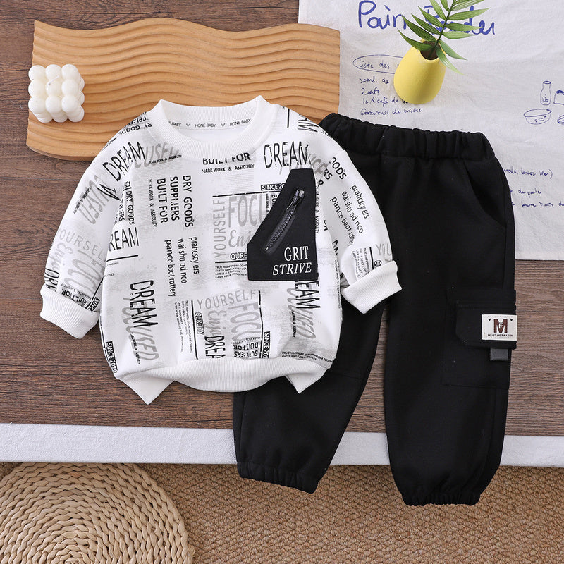 Boys' Suit for Spring and Autumn 2026 New Korean Style Casual Stylish Sports Zipper Pocket Sweatshirt Two-Piece Set