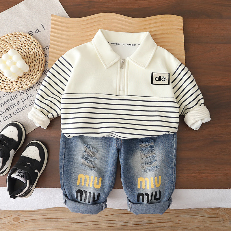 Boys' Spring 2026 New Stylish Set for 1-3 Year Olds, Baby Two-Piece Outfit with Half-Zip Long Sleeve Clothes